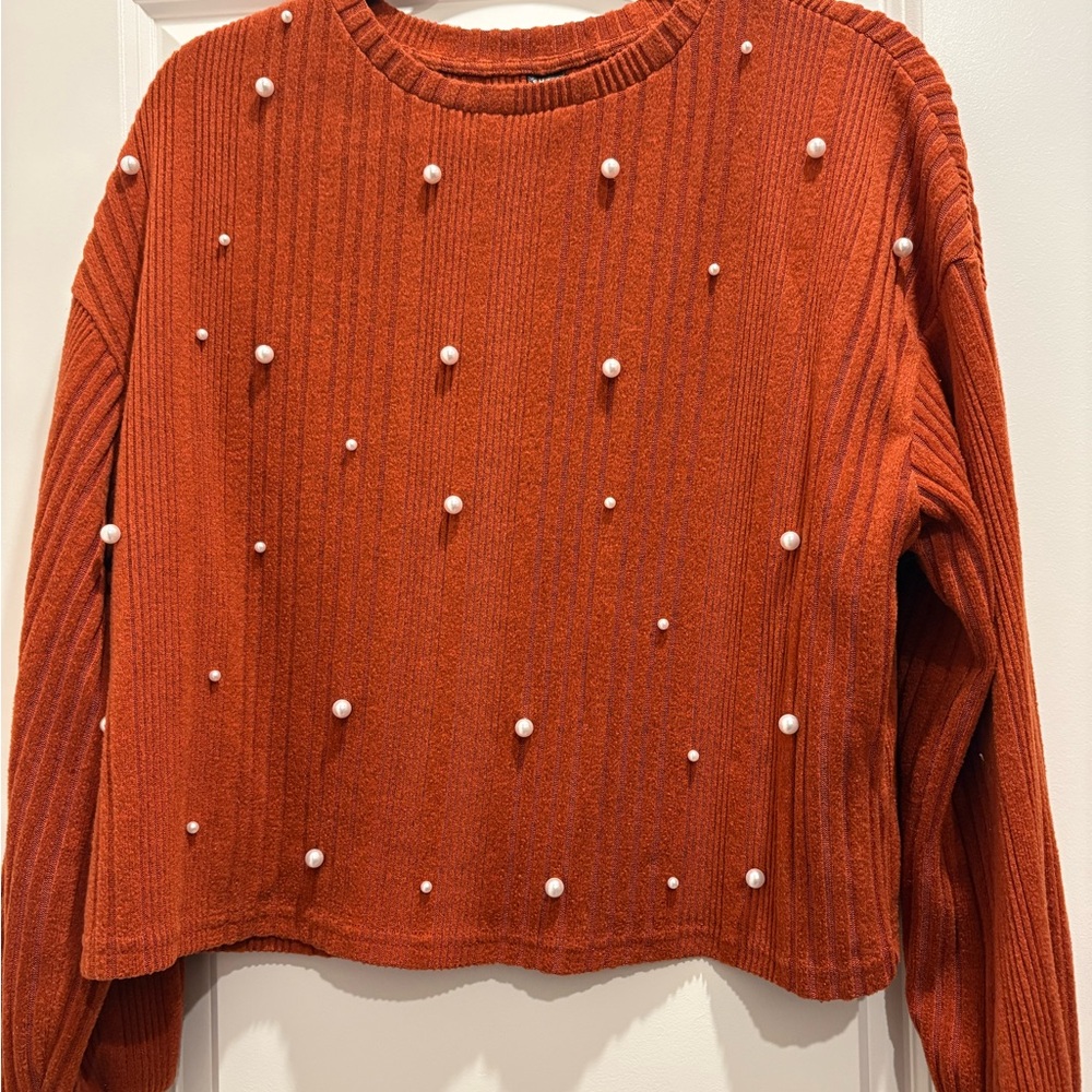 SHEIN Rust Orange Ribbed Sweater with Pearl Embellishments